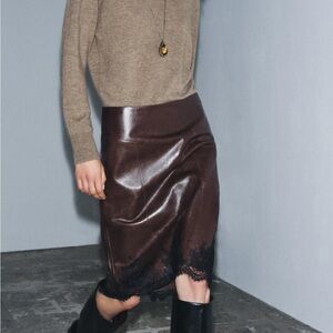 Zara Dark Brown Faux Leather Midi Skirt with Black Lace Trim